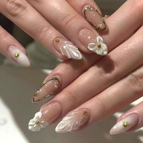 Ceboic 24Pcs French Fake Nails Medium Almond, 3D White Flowers Press on Nails, Cute False Nails with Gold Bead Designs, Glossy Reusable Glue on Nail for Women and Girls DIY Manicure