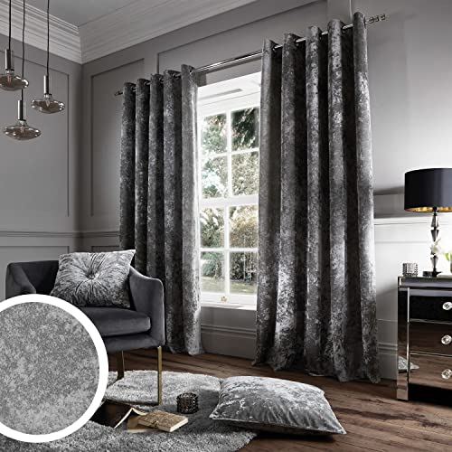 Catherine Lansfield Crushed Velvet 66x90 Inch Lined Eyelet Curtains Two Panels Silver Grey