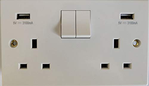 USB Double Socket - White Plastic - 13A Wall Plug USB 2 Gang Socket with 2X 3100mA