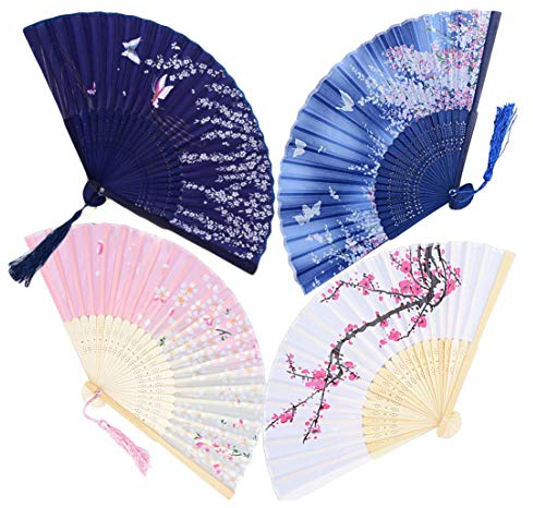 Rmeet Ventilatore a Mano,Pieghevole Ventilatore di bambù 4 Pezzi Tessuto di Seta Ventilatori con Nappa per Decorazione della Boda Parete Ballo