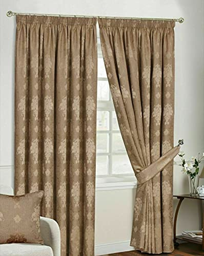 Householdfurnishing Redy Made Luxury Jacquard Fully Lined Curtain Pair Pencil Pleat With Free Tie Backs (Coffee Curtain, 66 x L 72)