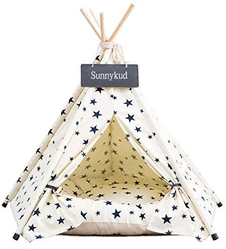 Sunnykud Tipi Zelt für Haustiere Hundezelt Katzenzelt Haustierzelte Häuser mit Kissen Abnehmbar und Waschbar Haustierbett Wegklappen Haustier Hundebett Katzenbett (M:50x50x60cm, Beige)