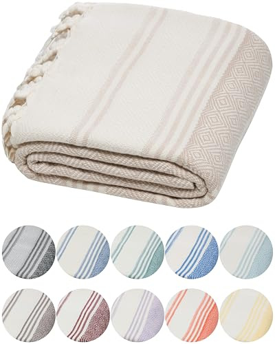 DEMMEX Organic Turkish Cotton Beach Bath Hammam Towel – Quick-Dry, Lightweight, Compact, Sand-Free Beach Towel & Blanket – Luxury Bathroom & Hammam Towel Peshtemal, OEKO-TEX Certified, 180x90cm, Beige