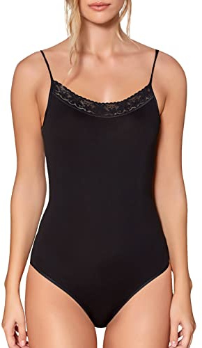 VEDATS Damen Body Spaghettiträger Unterhemd Bodysuit mit Spitze (XL, Schwarz)