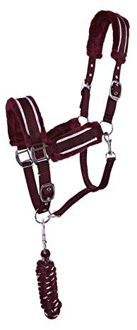 Halfter Set Pferd Dolci mit Halfter und Führstrick | Kunstfell | Individuell verstellbar | inkl. Karabinerhaken (Pony, Bordeaux/Silber)