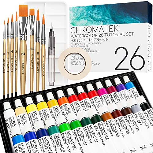CHROMATEK Aquarellfarben-Set – 62-teiliges Kit mit Video-Tutorial-Kurs – Für Erwachsene, Anfänger & professionelle Künstler – 26 Farbtuben (12 ml), Skizzenblock, 8 Malpinsel, Aquapinsel, Palette