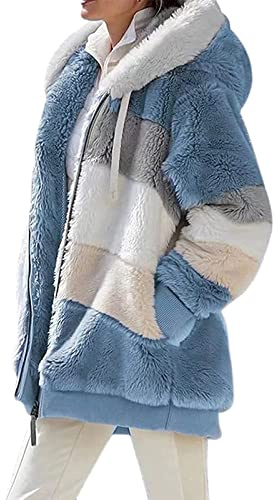 ABINGOO Damen Teddy Winterjacke Warm Kuscheljacke Übergangsjacke mit Kapuze | Reißverschluss, Farbblock, Herbst Winter Oversize Mantel, Flauschig Plüschjacke Fleecejacke mit Taschen