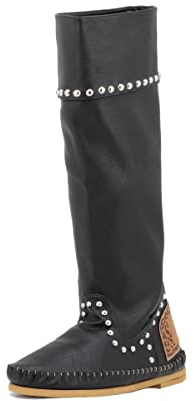 QUEEN HELENA Stivali Indianini Alti Borchiati con Tacco Piatto Fibbia Donna (ZM8075 Nero, numeric_35)