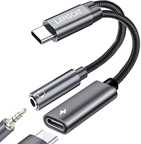 LAMSCAT USB C auf Klinke Adapter und Laden, 2 in 1 Typ C auf 3.5mm Kopfhörer Adapter Unterstützt 60W Schnellladung für Samsung Google, Xiaomi Huawei/Mini 6 und mehr (grau)
