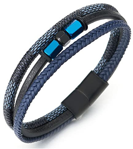 COOLSTEELANDBEYOND Herren Damen DREI Stränge Navy Blau Geflochtene Leder Armband Schweißband mit Blau Edelstahl Charme und Magnetverschluss
