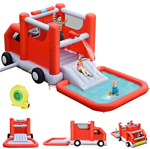 GOPLUS Château Gonflable Forme Camion de Pompier Trampoline&Toboggan&Pistolets à Eau,Parc Aquatique pour Jardin,Plage pour 3-4 Enfants 3-10 Ans Jusqu’À 136KG 268x564x212cm(avec Souffleur 450W)