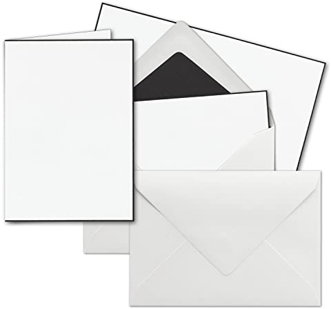 50x Trauerkarten Sets - DIN A6 Doppelkarten mit weißen Umschlägen DIN C6, schwarz gefüttert - Faltkarten mit handgemachtem schwarzen Rand