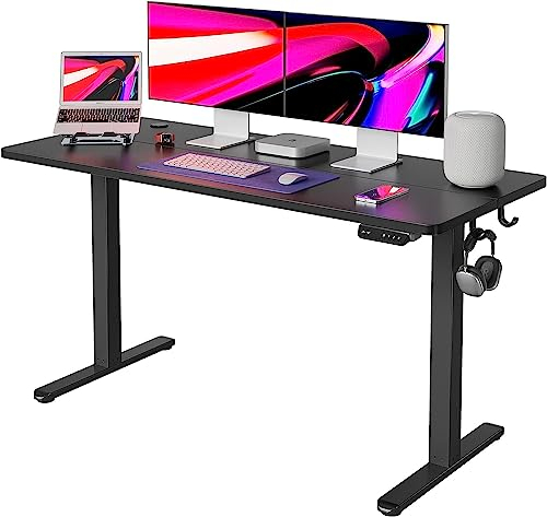 FEZIBO Escritorio de Altura Regulable eléctrico, 140 x 60 cm, Escritorio de pie con Control de Memoria y tecnología anticolisiones, Marco Negro y Superficie Negra