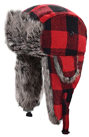 DEPAJA Russische Mütze Ushanka Fliegermütze Unisex Plaid Trapper Ohrenschützer Mütze Winter Warme Ohrenschützer Ohne Traufen Skimützen Geeignet Für Radfahren, Rot, Einheitsgröße
