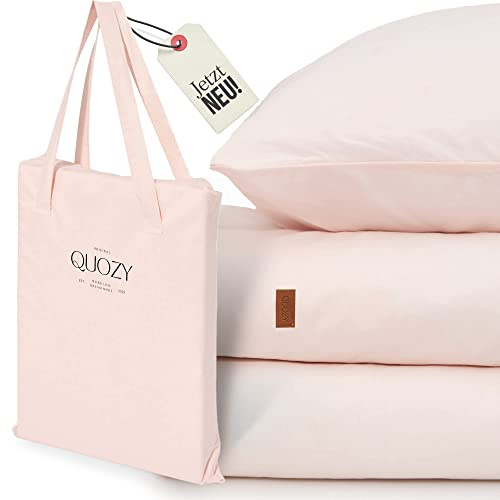 Quozy Bettwäsche 200 x 200 3teilig | Bettbezug 200 x 200 + 2X Kissenbezug 80 x 80 | 100% Baumwolle | einfaches Beziehen Dank U-Zip | Rosa