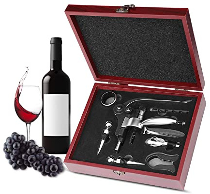 Flexzion Wine Opener Set in Mahogany Wood Case - Wine Bottle Opener Gift Box with Wine Foil Cutter Tool, Stopper, Pourer, Drip Ring, & Lever-Action Corkscrew Wine Opener Manual for Wine Lovers