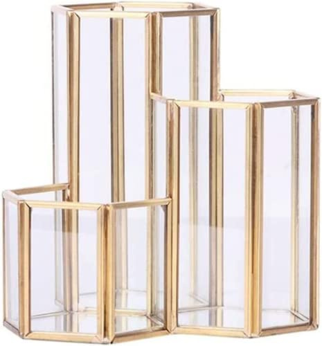 BaoT8YLu Porte-Stylo en Verre Transparent pour Bureau,Pot à Crayons Hexagonal doré en métal, Pot à Crayons et pinceaux de Maquillage, Porte-Stylo Hexagonal - pour pinceaux de Maquillage