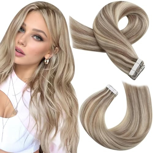 Moresoo Tape Extensions Echthaar Haarverlängerung Echthaar Tapes Invisible Remy Echthaar Extensions Tape in Hellbraun mit Platinblond Extensions Menschliches Haar 20 Stück 50g/Pack 50 cm #9A/60