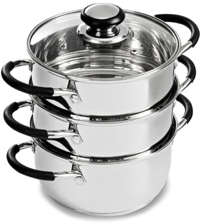 Blackmoor 3-Tiered Stainless Steel Food Steamer With 2.3L Capacity | Tempered Vented Glass Lid, Suitable For All Hob Types Including Induction, Healthy Steam Cooking, Necessities Range