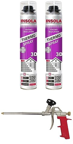 INSOLA Thermo Spray 3D – Isolation Polyuréthane Projetable 850ml – L'un des Meilleurs Pouvoirs Isolants du Marché – 80% Cellules Fermées – Confort Thermique et Acoustique (Lot 2 mousses + 1 Pistolet)