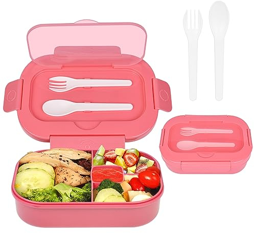 AUAUY Porta Pranzo, Lunch Box Prova di Perdite, Bento Box con 4 Scomparti e Posate(Forchetta e Cucchiaio), 1300ML Portamerenda Ermetico Lunchbox, No BPA, per Microonde e Lavastoviglie - Rosa