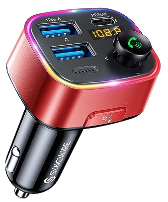 Syncwire Bluetooth 5.4 FM Transmitter Car Adapter 48W (PD 36W & 12W) [Light Switch] [HiFi Bass Sound] [Fast Charging] Wireless Radio Music Adapter LED Display Hands-Free Calling Support USB Drive