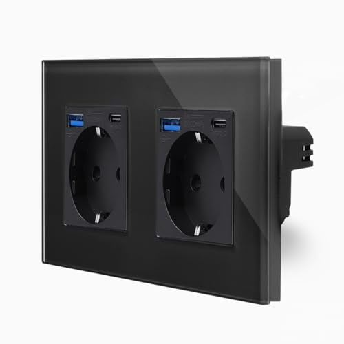 Luxus-Time 2-Fache USB 3.0 Steckdose mit USB A/C Anschluss 20W im zweifachen Design Glasmrahmen für die DE Unterputzdose Einbau Dose zweifach Schuko Stecker in schwarz LXBG2-MP010U-2-12