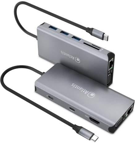 ATLANTIS A04-TC_DK46 Docking Station USB C (Type C) a HDMI 4K, VGA, Ethernet RJ45 Gigabit, 3 USB 3.0, 1 USB C, 1 PD-85W, 1 Audio IN/OUT 3.5mm, Card Reader. Cavo 18 cm. Compatibile con tutti Notebook.
