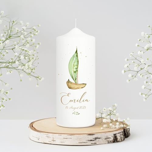 Wandtattoo Loft Taufkerze oder Kerze zur Geburt Junge Mädchen Boot mit einem Segel aus einem Blatt pastell mit Namen Datum und Spruch, Patenkerze 18 x 7 cm