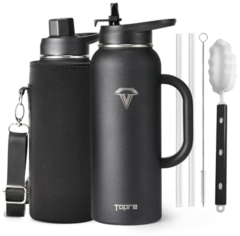 Topre 40 oz Insulated Water Bottle with Straw and Lid, Food-grade Double Wall Vacuum Stainless Steel Flask with Handle,Leakproof Metal Travel Jug With Carry Pouch and Brush,Keep Cold & Hot,Black