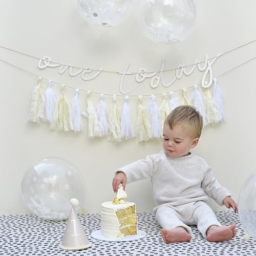 Ginger Ray Neutral First Birthday Cake Smash Decorations Kit with Hat, Bunting, Garland and 5 Confetti Balloons