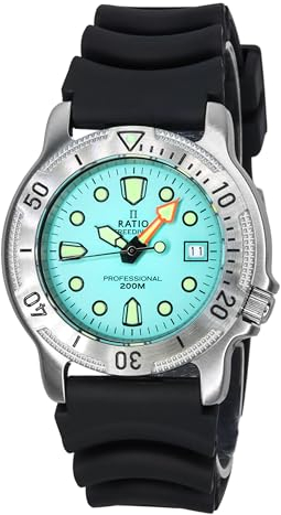 RATIO FreeDiver Professionelle Taucheruhr, Saphirglas, japanische Quarz-Tauchuhr, 200 m wasserdicht, Taucheruhr für Herren, Eisblau, Taucher