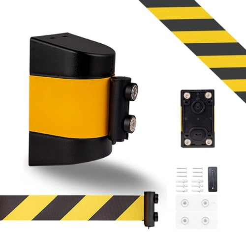 Rusopobe 2 m 5 m 10 m Wandhalterung einziehbare Gürtelbarriere – magnetische Sicherheits einziehbare Gürtelbarriere ABS Gehäuse gelb schwarz gestreift Warngürtel ​(A,10m/32.8ft)