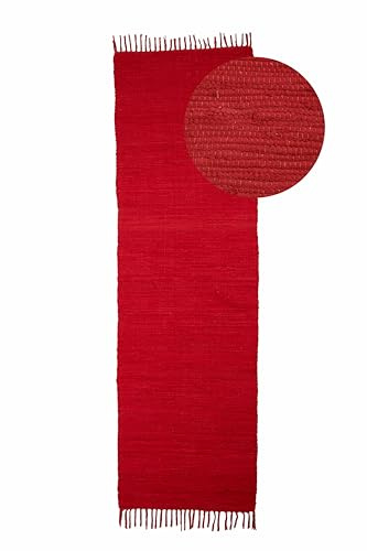 carpetfine Flickenteppich Kelim Chindi Uni Läufer Rot 80x300 cm, handgewebt | Fleckerlteppich aus Baumwolle für Wohnzimmermit Fransen