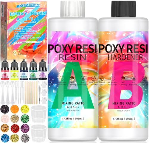 ZQEJEFD Resina Epossidica Trasparente Kit 1016ml - Colla Epoxy 1:1 con Indurente - Kit Completo con Glitter per Creazione Gioielli Fai da Te