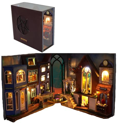 TOPBSFARNY Kit de construction miniature pour coin de livre – Serre-livres Magic House – Kit de construction de maison de poupée – Puzzle en bois 3D pour serre-livres – Décoration avec lumière pour