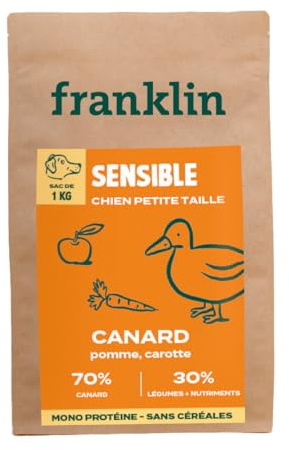 Franklin – Croquettes Chien sans Céréales – Gamme Protéinée – avec 70% de Canard – Mono-protéine – Digestion Facile – Taille 8mm – 1 kg