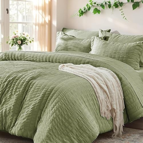 Biancheria da letto in seersucker, 200 x 200 cm, verde salvia estate, a righe, tinta unita, biancheria da letto double-face, in microfibra, traspirante, leggera, copripiumino da 200 cm e federe da 80