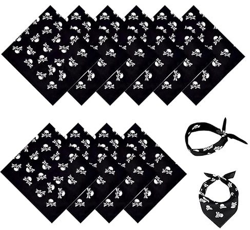 LWZko 12 Stück Piraten Kopftuch, Halloween Bandana, Totenkopf Mütze, Schwarze Bandana für Pirat-Thema-Party
