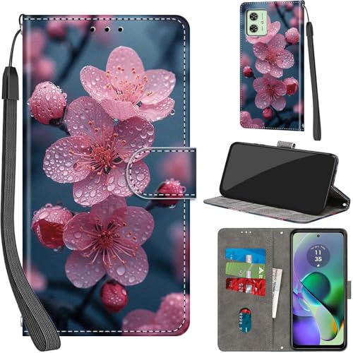PHINIENLAND Funda para Motorola Moto G54 5G PU Cartera Flip Flores | Funda flip de piel PU, Ranuras con Tarjetas, Cierre Magnético, Función Atril，Estuche Flip para Moto G54 / G54 Power