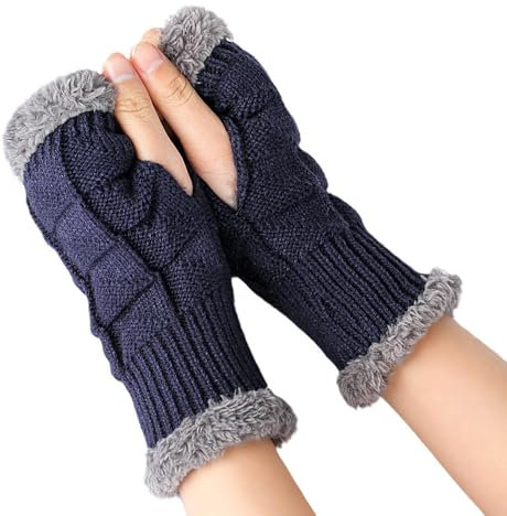 1 Paar Damen Samt Halb Fingerhandschuhe Kurz Winter Warme Armstulpen Thermohandschuhe Gestrickte Fingerlose Handschuhe Armwärmer Strickhandschuhe für Indoor- und Outdoor-Aktivitäten,Blau