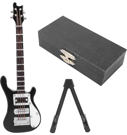 Mini modello di basso elettrico, chitarra elettrica in miniatura in legno con supporto Ornamento musicale Modello di casa delle bambole in miniatura Simulazione Modello di basso (Nero)