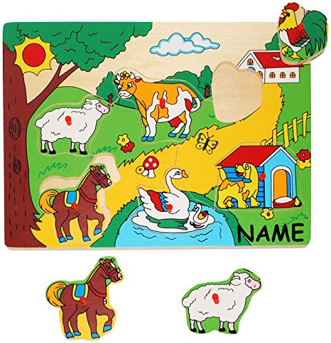 alles-meine.de GmbH Steckpuzzle mit Griffen - Haustiere & Bauernhof - incl. Name - aus Holz - 6 Teile - großes Holzpuzzle/Einlegepuzzle - Griff Legespiel - Rahmenpuzzle/K..
