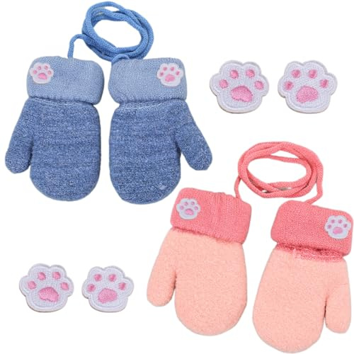 Juego de 2 guantes para bebé con cuerda y 4 patas de gato, guantes de punto térmicos para 0 – 3 años; con cuerda antipérdida para colgar en el cuello; guantes de punto en azul y rojo, dorado, breit