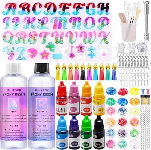 Epoxidharz Set Anfänger 408ml, Resin harz Gießen Set Mit Epoxidharz Zubehör, Epoxidharz Set mit Formen Silikon Buchstaben, mit Farbe, Glitzer, Blattgold, Messbecher, für DIY Schlüsselbund, Halskette