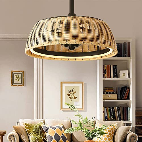 Retro Rattan Ceiling Fan with Remote Control Vintage E27 Lighting Quiet Hanging Lamp for Living Room Bedroom Dining Room Chandeliers Pendant Light