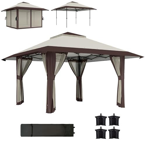 Outsunny Pavillon 4x4m Wasserdicht Höhenverstellbar Pop-up Faltpavillon mit Netzwänden UV 50+ Faltbar Partyzelt Gartenzelt mit Tragetasche Sandsäcke Gartenpavillon für Camping Garten Festival, Beige