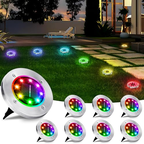 BrizLabs Valentinstag Solar Bodenleuchten Aussen, 8 LEDs Solarlampen für Außen Garten Wetterfest Solarleuchten Edelstahl Solar Gartenleuchte für Rasen Auffahrt Gehweg Deko (RGB Farbwechsel, 8 Stück)