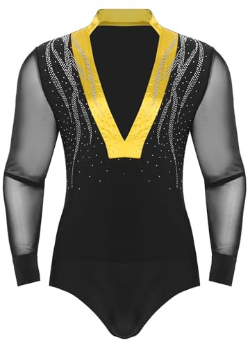 TiaoBug Herren Latein Body Langarm Hemd V-Ausschnitt Bodysuit Ballettanzug Ballett Trikot Glitzer Gymnastik Turn Leotard Eiskunstlauf Kostüm Gelb 3XL