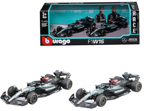 Bburago Formel 1 Mercedes AMG W15E 2er-Set (2024): Modellauto-Set im Maßstab 1:43, Window Box, 25,4 cm, schwarz türkis (18-38201)